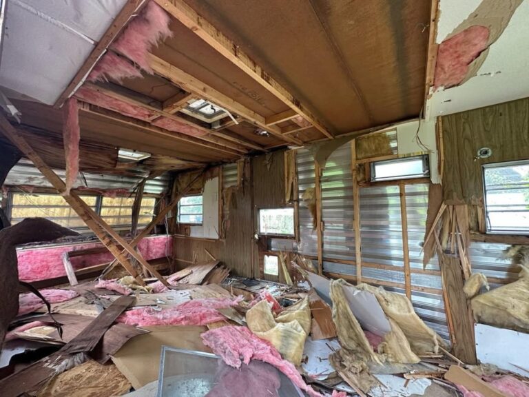 The Inside Of Old Camper Trailer Being Demolished To Be Removed.