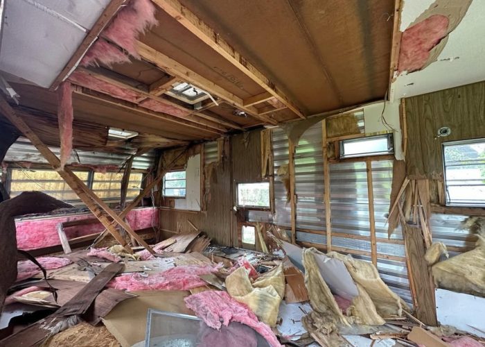 The Inside Of Old Camper Trailer Being Demolished To Be Removed.